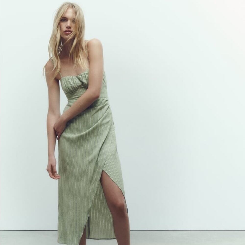 ZARA LINEN BLEND STRIPED MIDI CORSET DRESS
